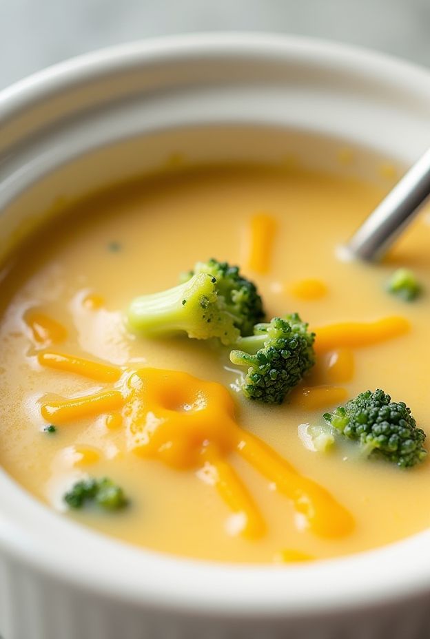 Creamy broccoli cheddar soup with melted cheese and broccoli florets in a white bowl.