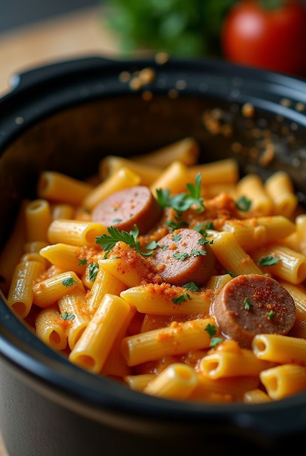 Creamy Cajun Pasta slow-cooked with smoky sausage and rich sauce, garnished with fresh parsley.