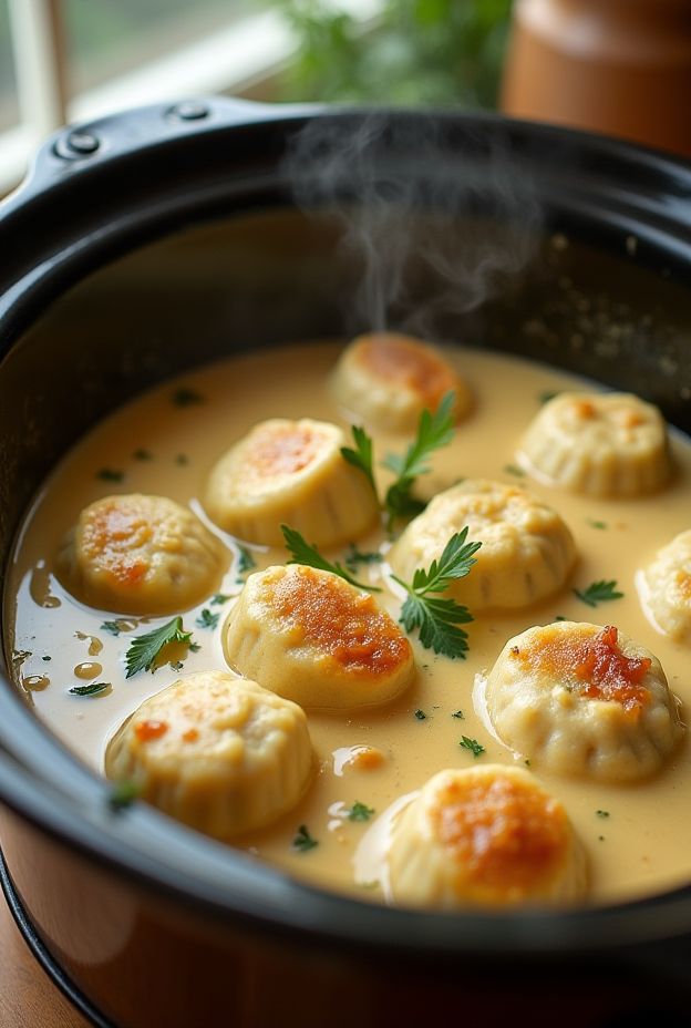 A comforting crockpot dish featuring creamy garlic chicken with fluffy dumplings, garnished with fresh parsley.