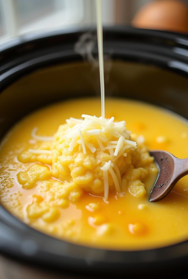Creamy Garlic Parmesan Polenta cooked in a crockpot, featuring a smooth texture and rich cheese flavor.