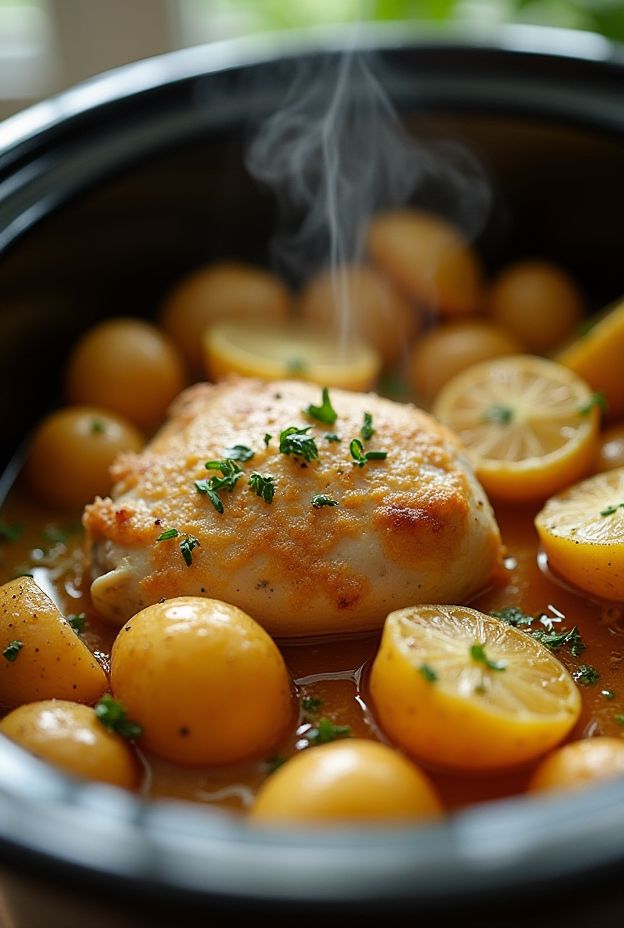 Crockpot Garlic Butter Chicken & Potatoes with lemon and herbs, steaming and ready to serve.