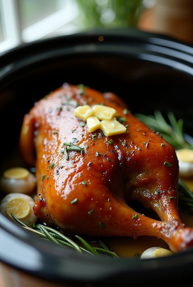 Garlic Butter Roast Duck cooked in a crockpot with herbs and garlic for a tender dish.