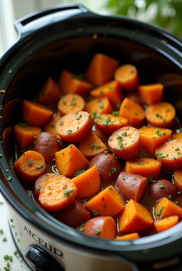 Slow-cooked sweet potatoes with garlic and herbs prepared in a crockpot for a nutritious side dish.