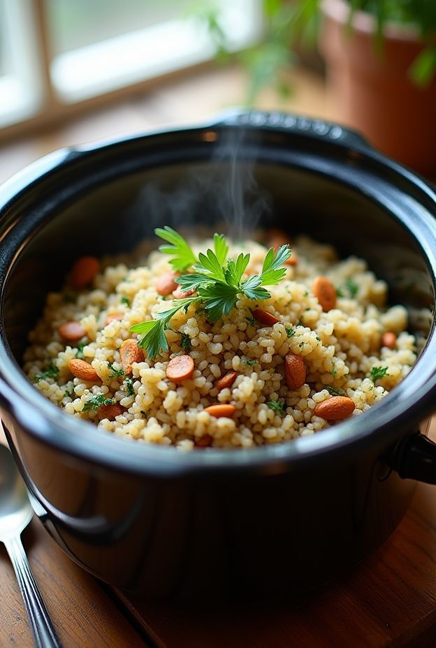 Herbed Wild Rice Pilaf in a crockpot with almonds and herbs, offering a nutritious vegetarian option.