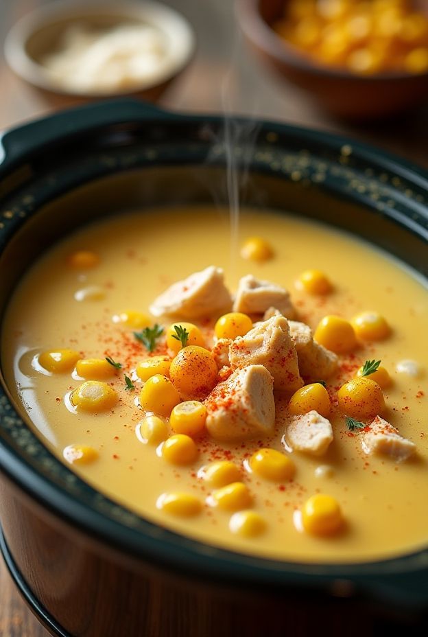 Creamy chicken and corn chowder in a crockpot, garnished with paprika and fresh herbs.