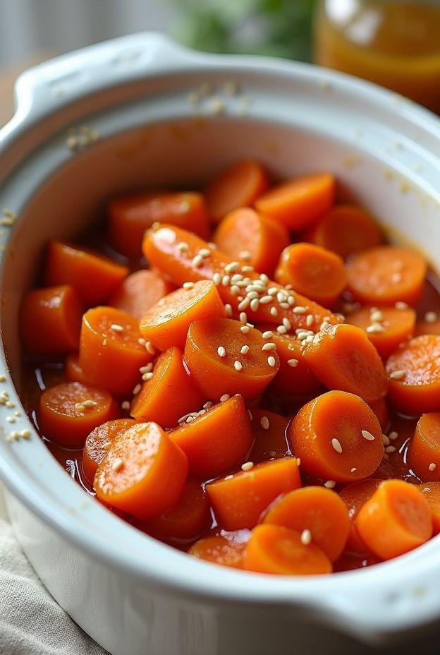 Delicious Honey Mustard Carrots prepared in a crockpot, featuring vibrant colors and a glossy glaze.