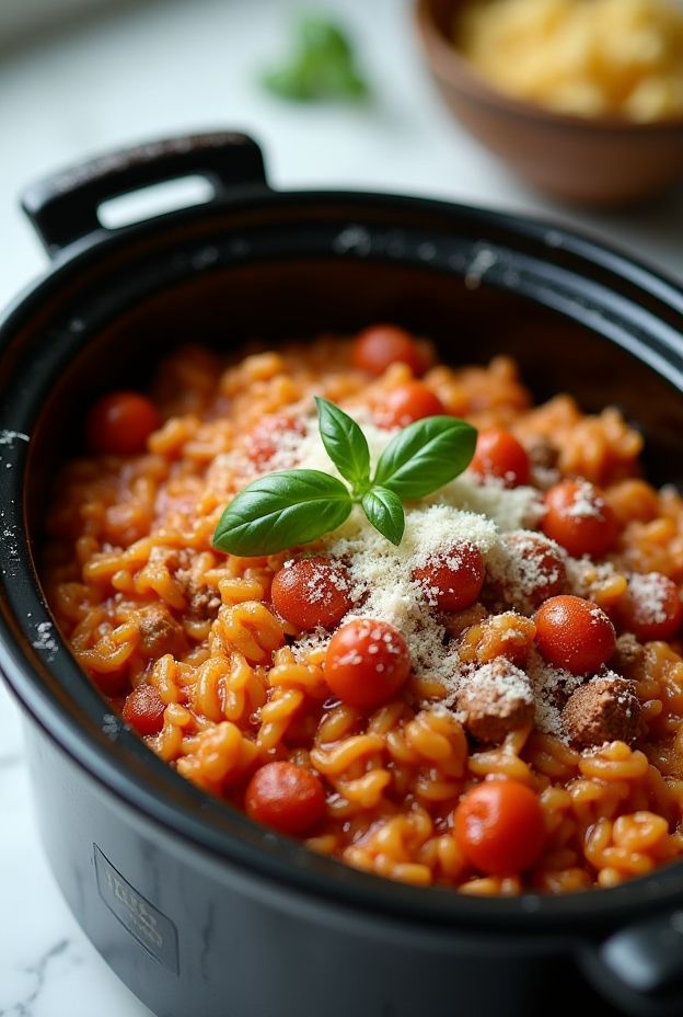 Creamy Italian Tomato Beef Risotto made in a crockpot with cherry tomatoes and parmesan.