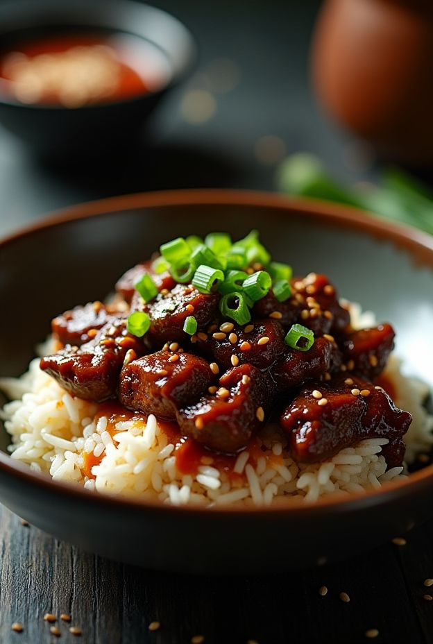Crockpot Korean BBQ Beef Rice with bulgogi-style beef and sticky rice, garnished with green onions.