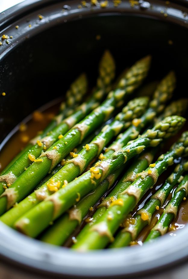 Crockpot Lemon Butter Asparagus with fresh spears and tangy sauce for a nutritious side dish.