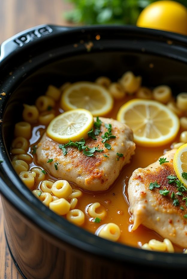 Juicy lemon garlic chicken thighs with orzo and fresh herbs cooked in a crockpot.