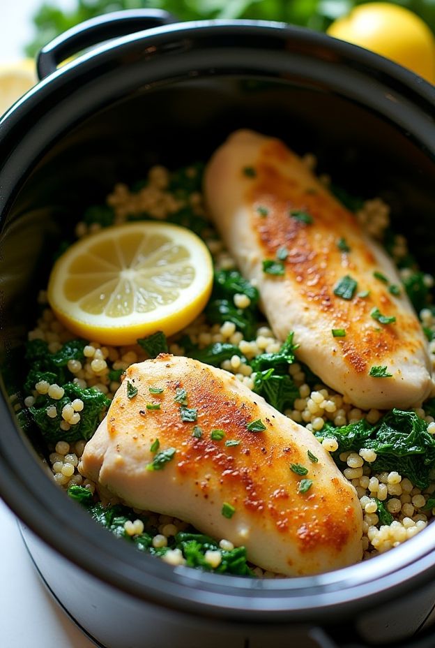 A nutritious crockpot meal featuring lemon herb chicken, quinoa, and spinach, topped with fresh herbs and lemon slices.