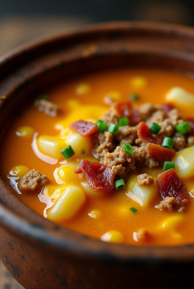 Loaded Cheeseburger Soup made in a crockpot with ground beef, cheese, and potatoes for a hearty meal.