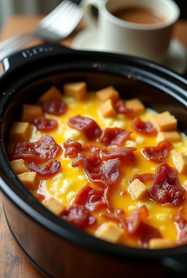 Crockpot Maple Bacon Breakfast Casserole featuring layers of eggs, bacon, cheese, and bread.