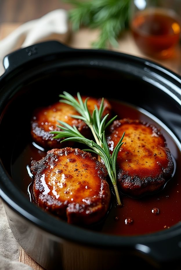 Savory Maple Balsamic Pork Chops prepared in a crockpot with rosemary garnish.