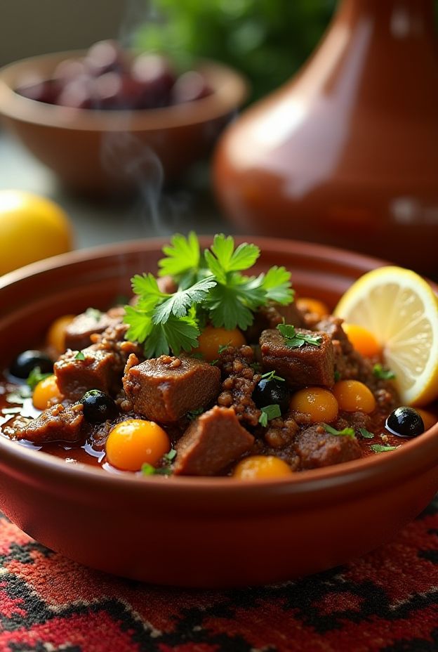 Mediterranean Beef Tagine made with tender beef, apricots, olives, and aromatic spices in a crockpot.