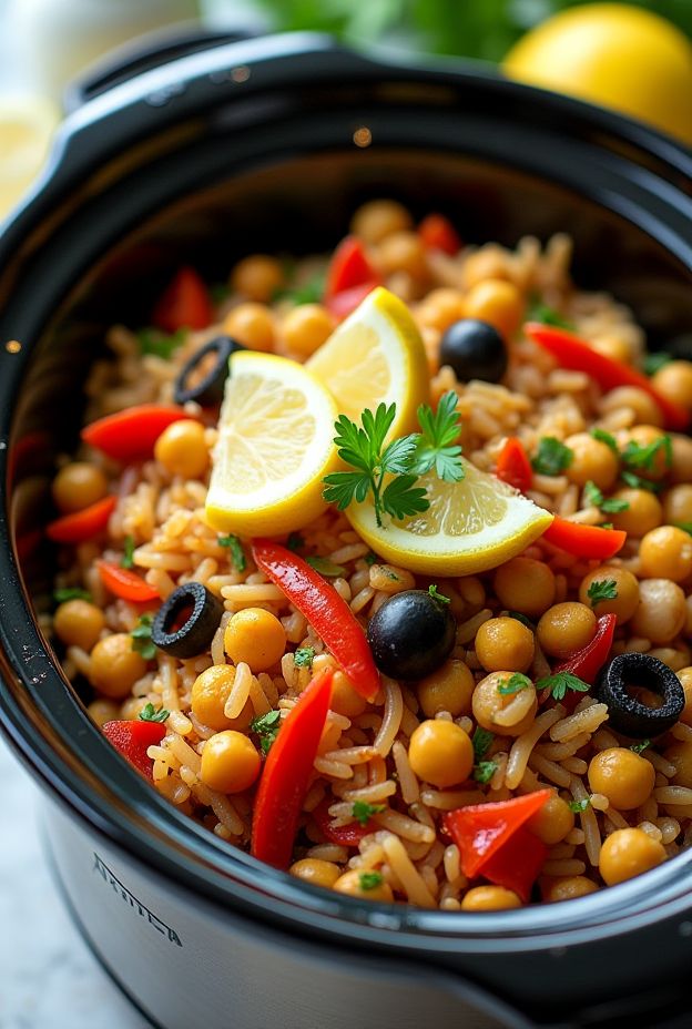 A vibrant slow-cooked Mediterranean chickpea rice with herbs, peppers, and lemon slices, served in a crockpot.