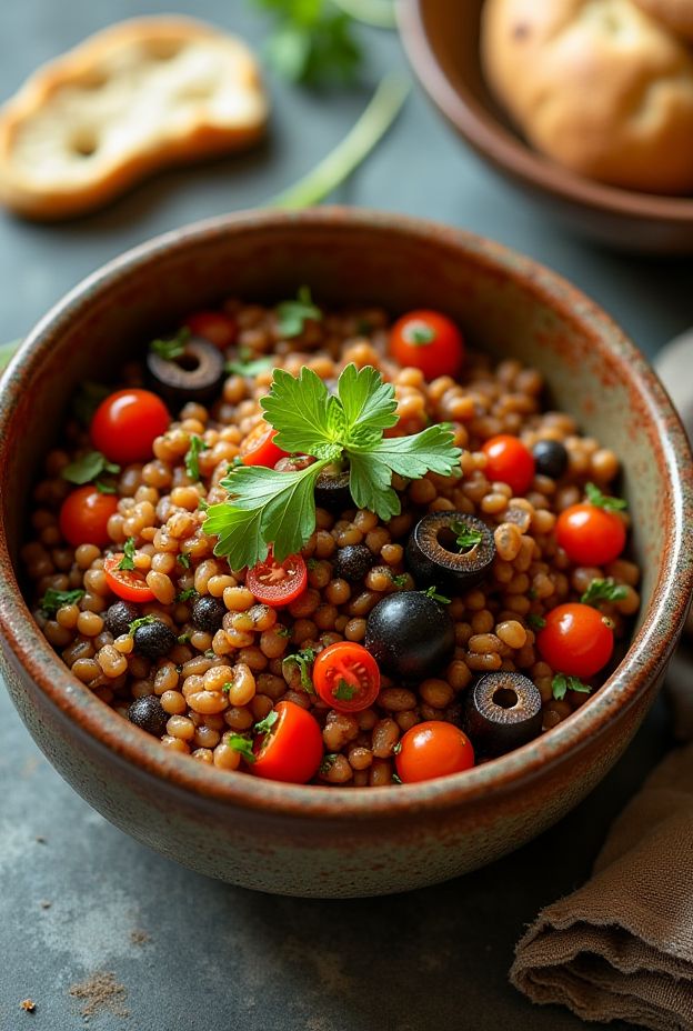 A vibrant Mediterranean Lentil Bowl with lentils, cherry tomatoes, black olives, and fresh herbs.