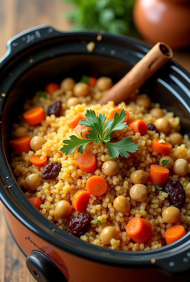 Delicious Moroccan Vegetable Couscous with spiced vegetables and raisins made in a slow cooker.