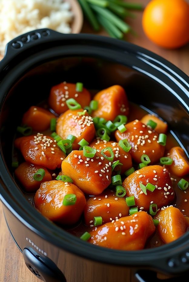 Crockpot Orange Sesame Chicken with vibrant orange glaze and sesame seeds, served with rice.
