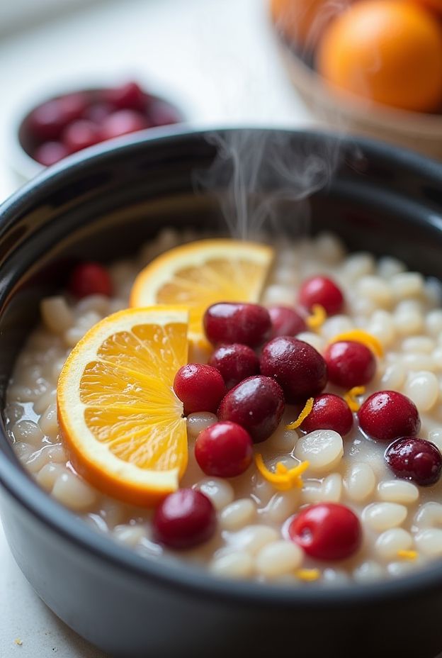 A comforting bowl of overnight cranberry rice porridge garnished with fresh cranberries and orange slices.