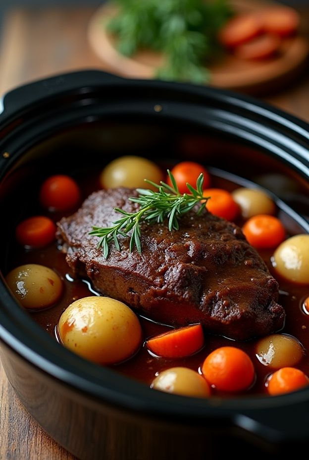 Crockpot pot roast with vegetables in red wine gravy, perfect for meal prepping.