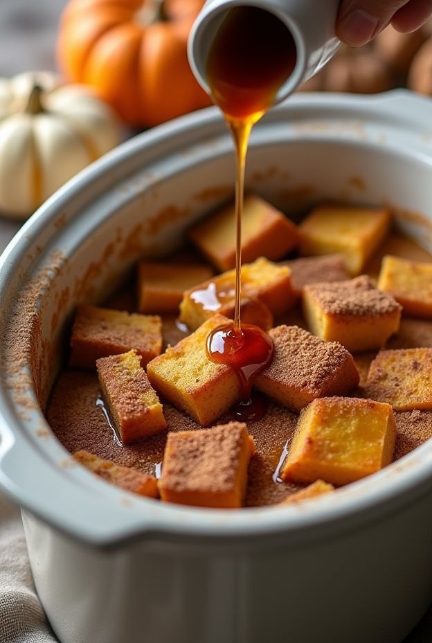 Mouthwatering Pumpkin Spice French Toast Bake in a crockpot, perfect for fall breakfasts, topped with syrup.