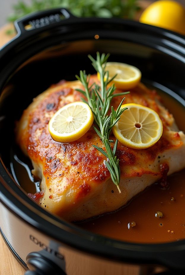 Tender Rosemary Lemon Turkey Breast slow-cooked in a crockpot, garnished with lemon slices and fresh rosemary.