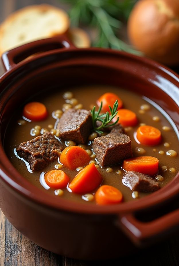 Thick beef and barley stew in a crockpot, featuring vibrant carrots and tender meat chunks.
