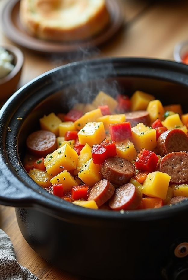 Sausage & Potato Breakfast Hash made in a crockpot with vibrant peppers and hearty sausage.