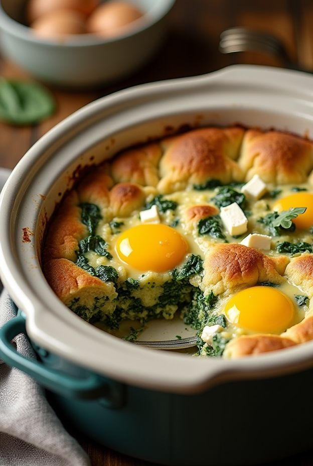 Savory Spinach & Feta Bread Pudding, a Mediterranean-inspired dish with eggs and feta, perfect for brunch.