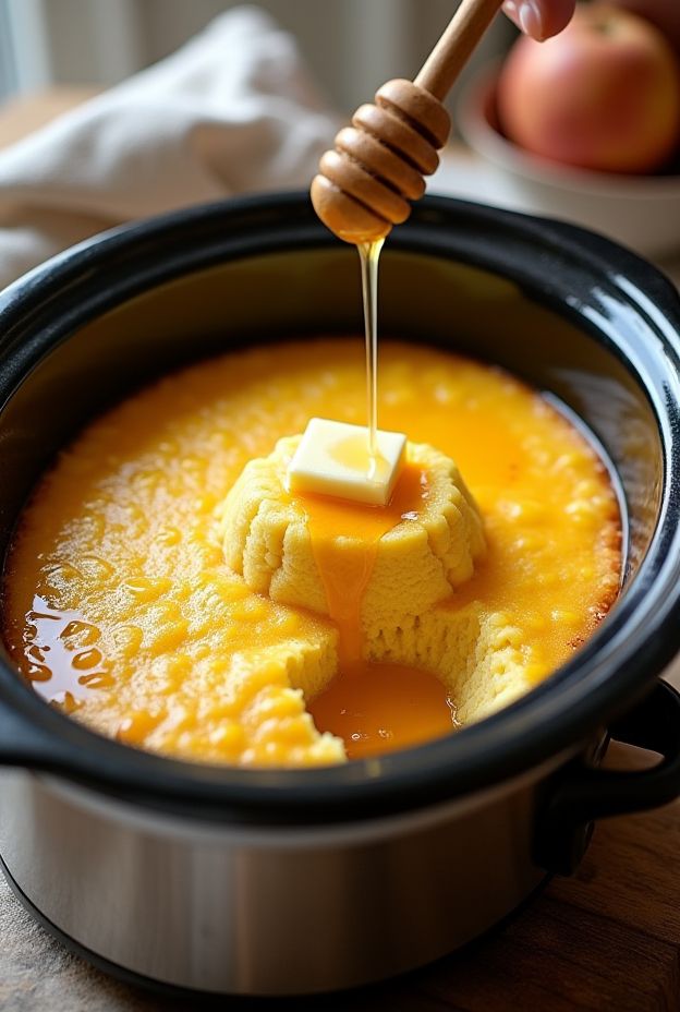 Soft and buttery slow cooker cornbread pudding drizzled with honey and topped with butter.