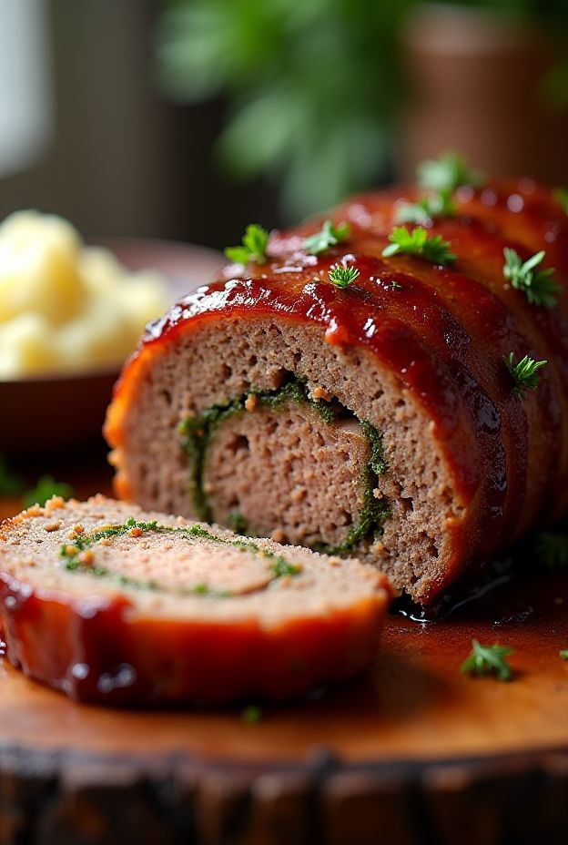 Smoky Bacon-Wrapped Meatloaf with BBQ glaze in a crockpot, sliced and garnished.