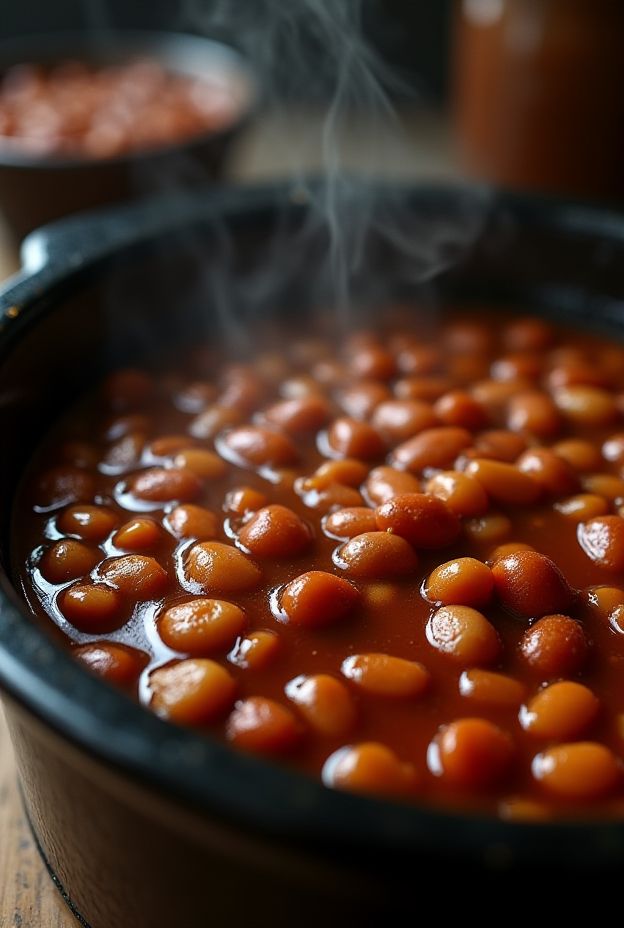 Sweet-smoky baked beans simmering in a crockpot, featuring maple syrup and rich flavors perfect for any gathering.
