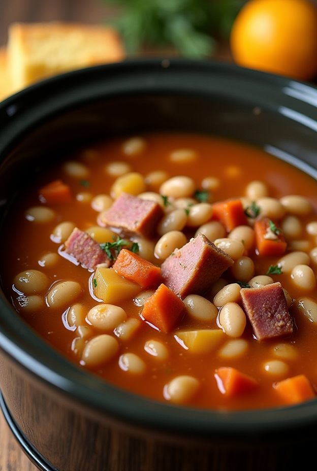 Smoky Southern Ham & White Bean Stew simmered in a crockpot with tender beans, ham hock, and vegetables.