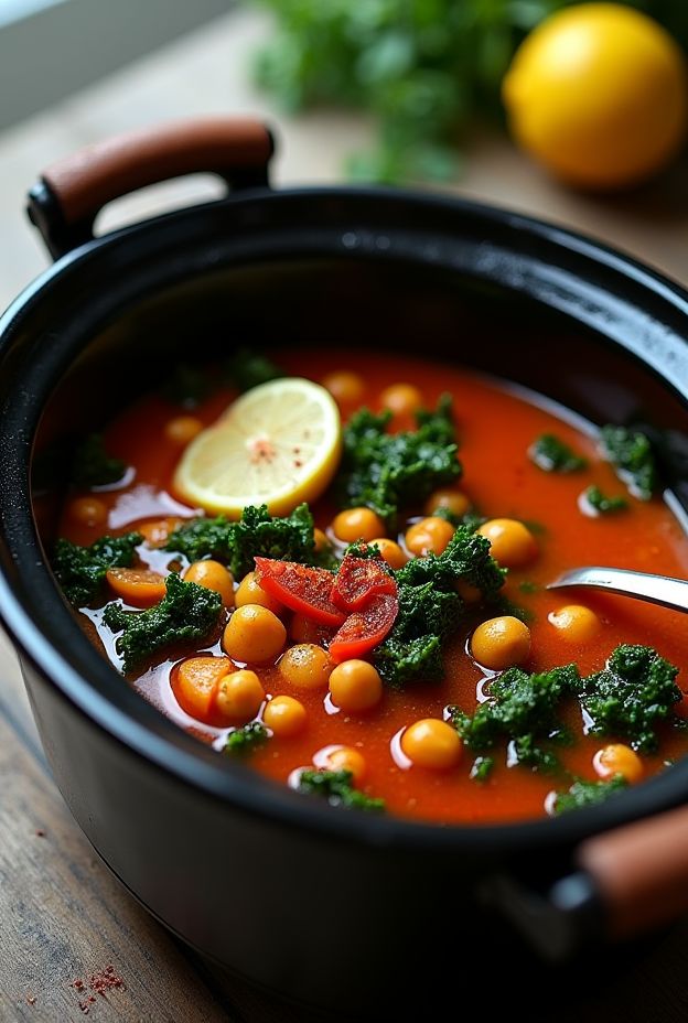 A hearty, vegan Spiced Chickpea & Kale Stew simmering in a crockpot, featuring vibrant colors and aromatic spices.