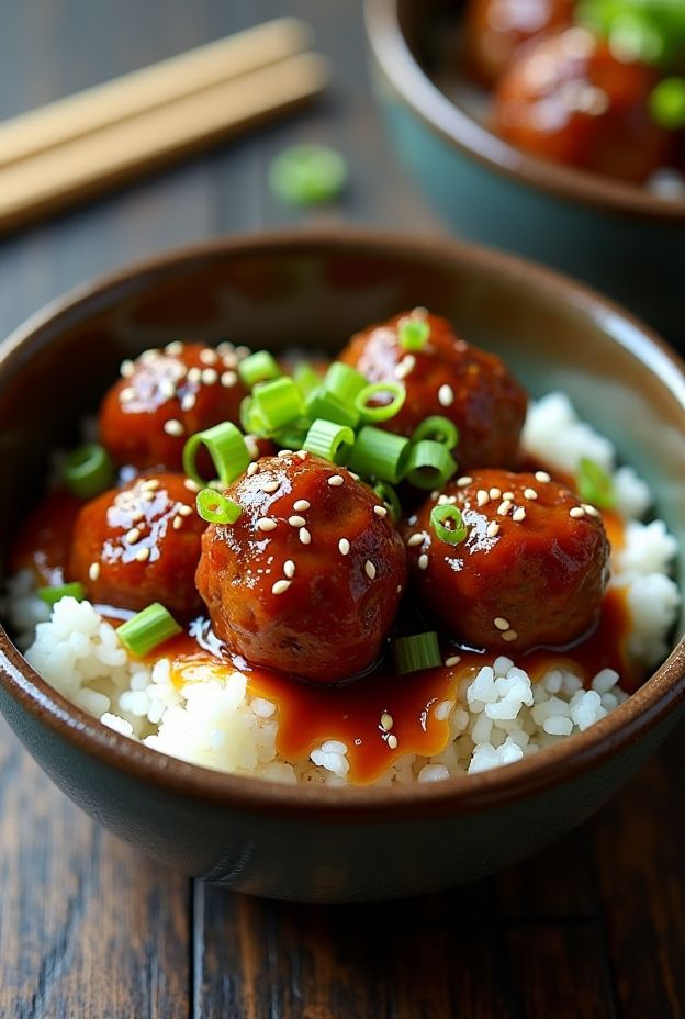 Crockpot Teriyaki Meatball Rice Bowl featuring sweet meatballs on rice with vegetables.