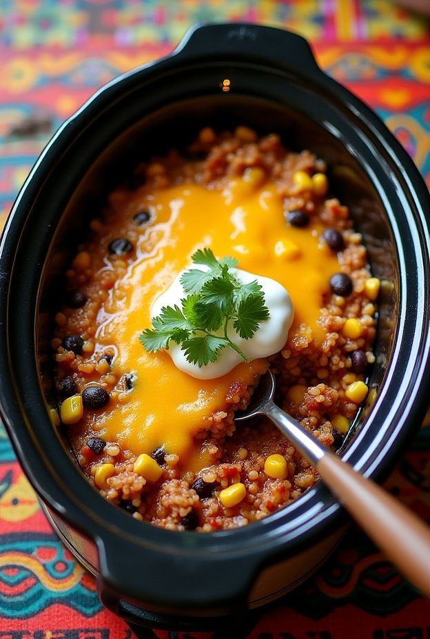 A vibrant Tex-Mex quinoa casserole topped with cheese and cilantro in a crockpot.