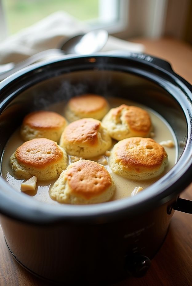 Creamy Turkey & Biscuit Bake prepared in a crockpot, featuring fluffy drop biscuits atop a savory turkey stew.