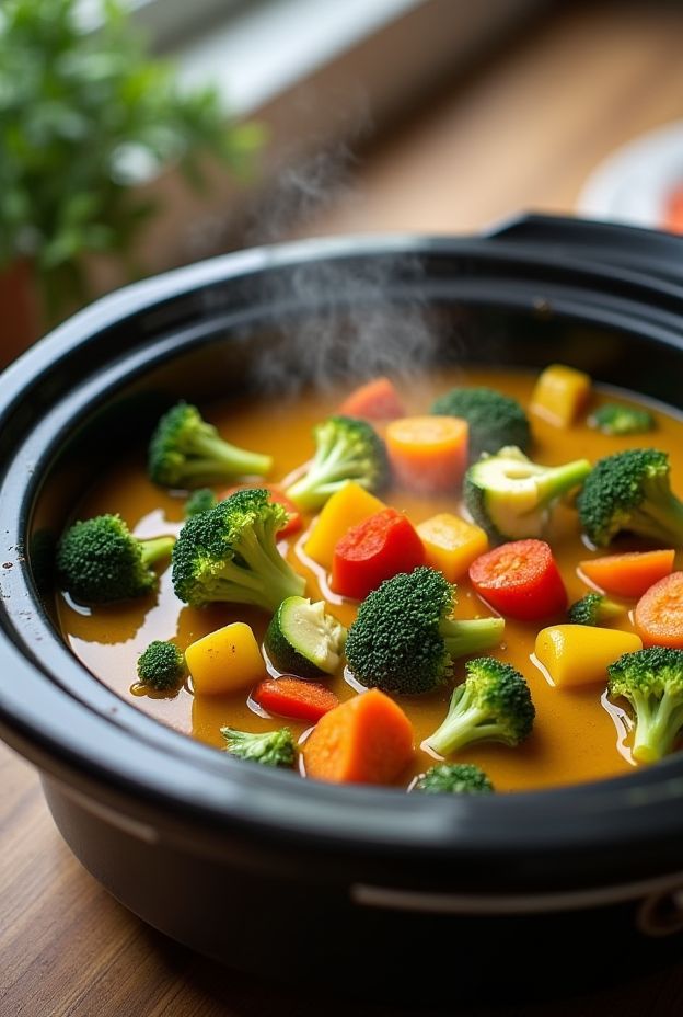 Low-fat Vegetable Detox Curry in a crockpot enriched with broccoli, zucchini, and turmeric for health-conscious dining.