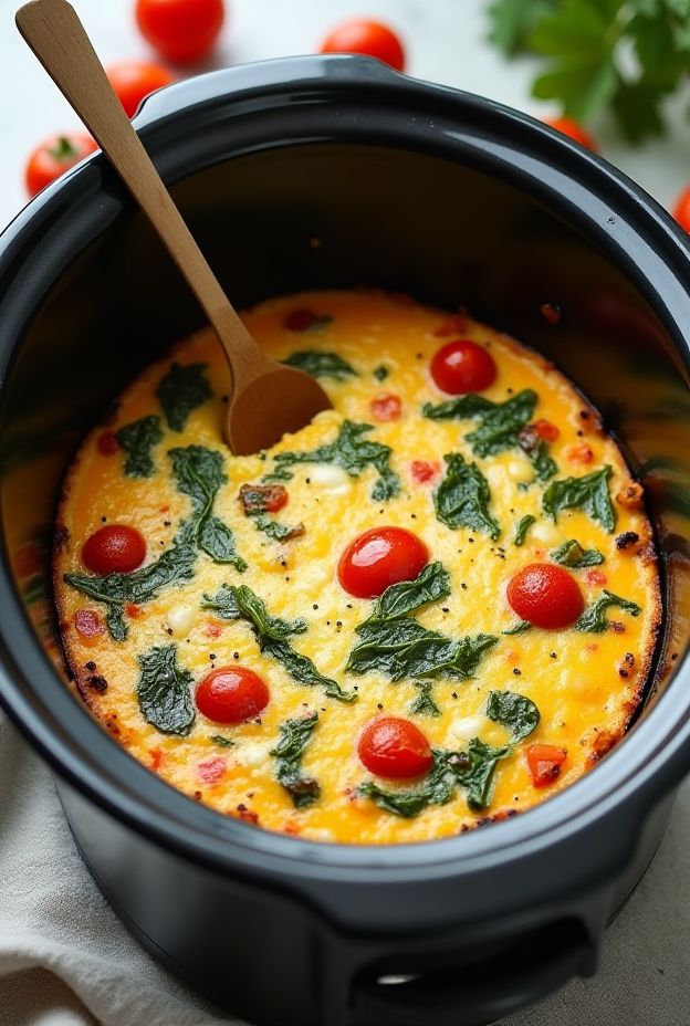 Crockpot Vegetable Egg White Frittata with spinach, peppers, and tomatoes, perfect for a healthy breakfast.