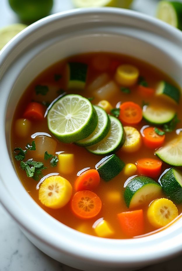 Zesty Lime Veggie Soup with fresh vegetables and cilantro in a white crockpot.