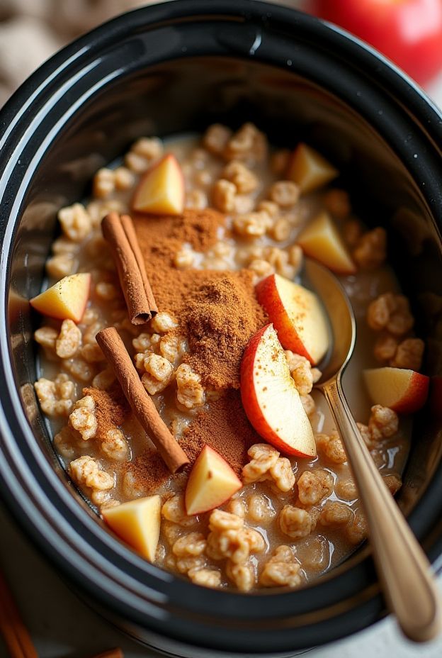 Hearty slow cooker apple cinnamon steel-cut oats with diced apples and aromatic spices for a nutritious breakfast.