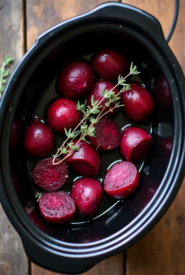 A bowl of balsamic roasted beets garnished with thyme, cooked in a crockpot for a healthy, flavorful side dish.