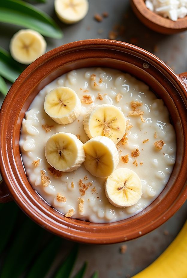 Creamy banana coconut rice pudding made in a crockpot with sliced bananas on top.
