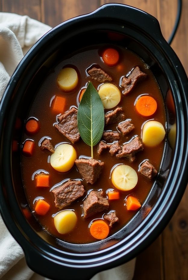 Hearty Beef & Potato Stew in a crockpot with tender beef, potatoes, and carrots swimming in savory broth.