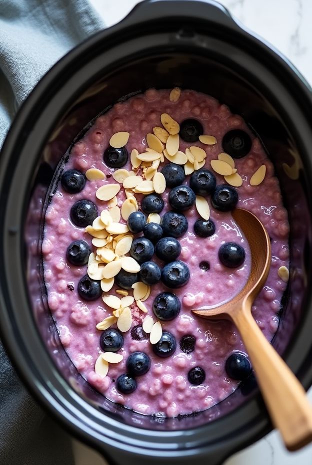 Healthy slow cooker blueberry almond oatmeal with oats, blueberries, and almond slivers for a nutritious breakfast.