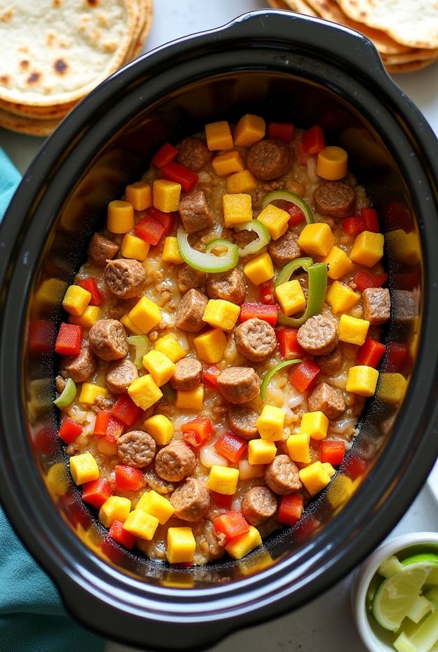 Crockpot Breakfast Burrito Mix with eggs, sausage, and colorful peppers ready for serving.
