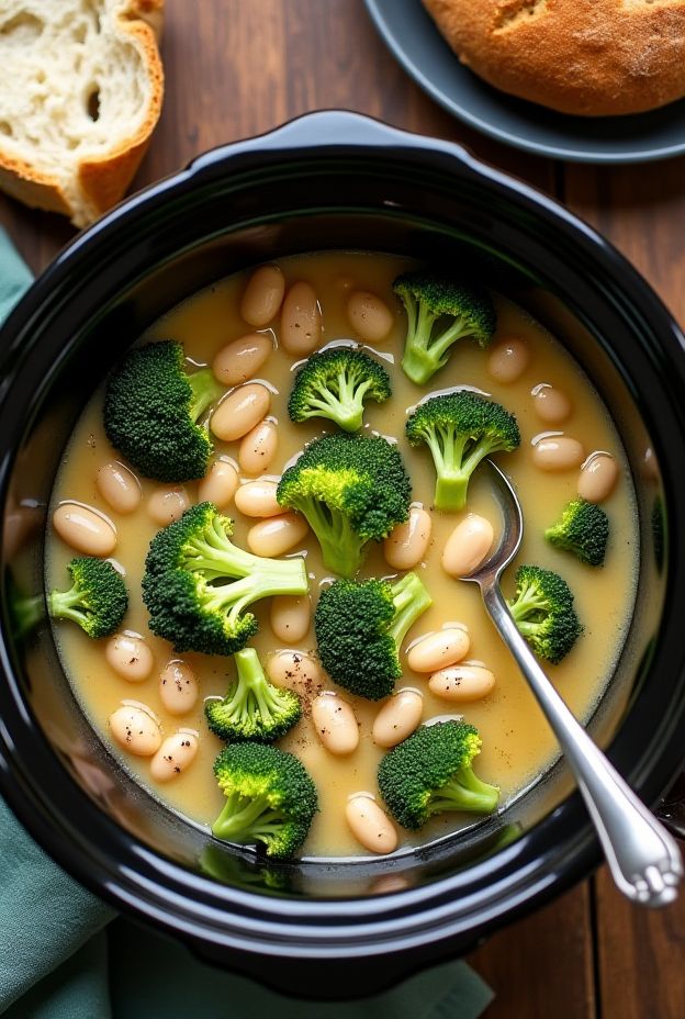 Nutritious Broccoli & White Bean Stew simmered perfectly in a crockpot with a light broth.