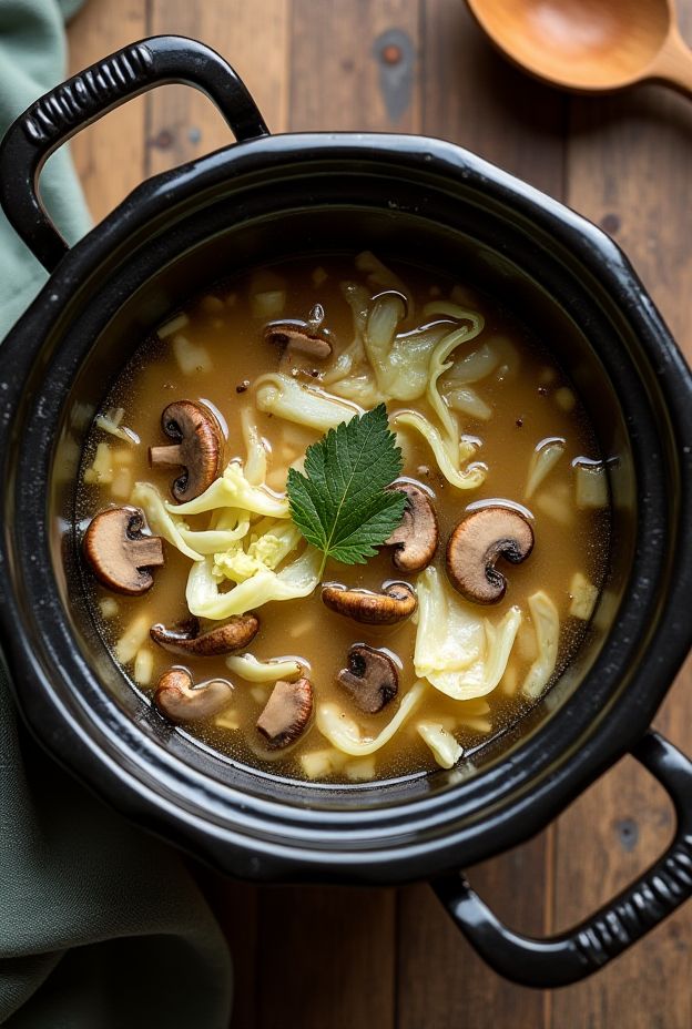 Low-calorie Cabbage and Mushroom Soup in a crockpot, vibrant ingredients ready for slow cooking.