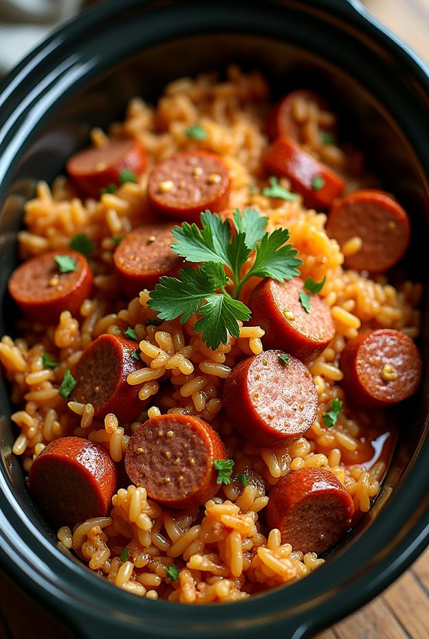 Crockpot Cajun Sausage & Rice featuring spicy sausage, rice, and Cajun seasoning, garnished with fresh parsley.